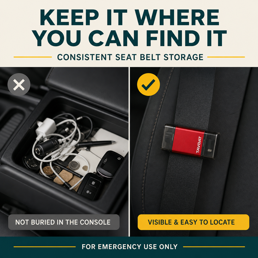 Escape tool buried in a console versus mounted visibly on the seat belt