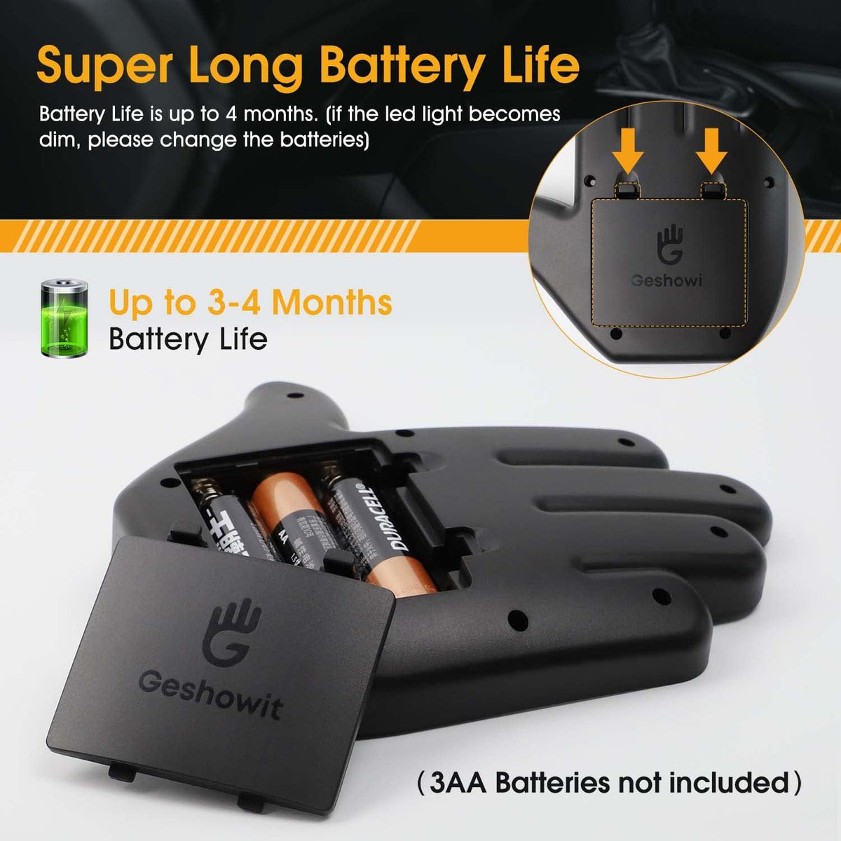 Battery compartment: 3 AA batteries, 3 to 4 months of use