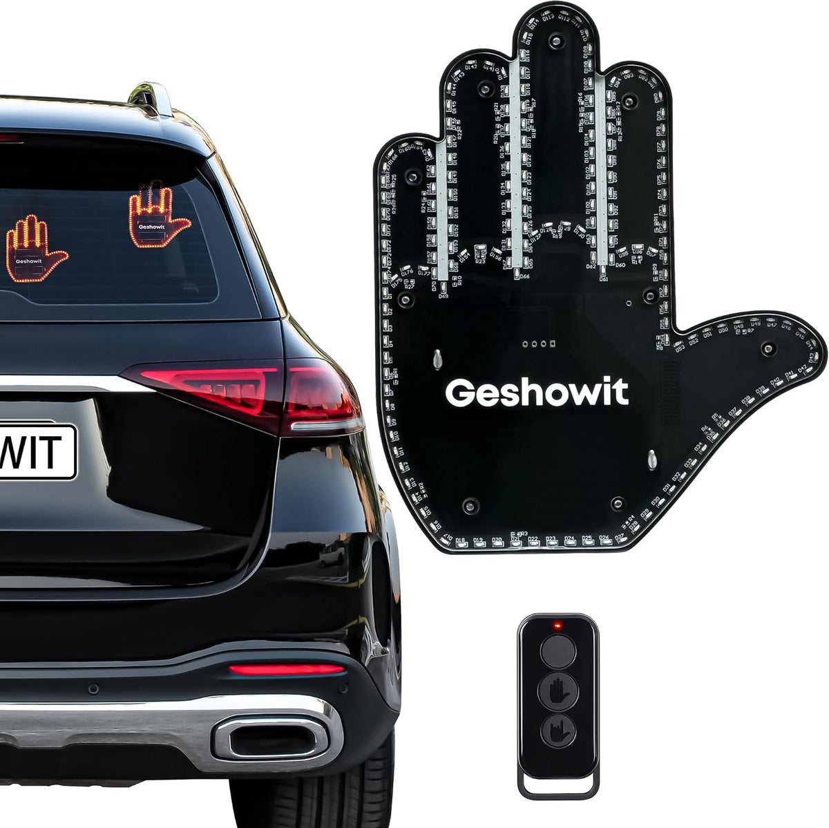 GestureGlow LED hand panel with wireless remote, shown lit on an SUV rear window