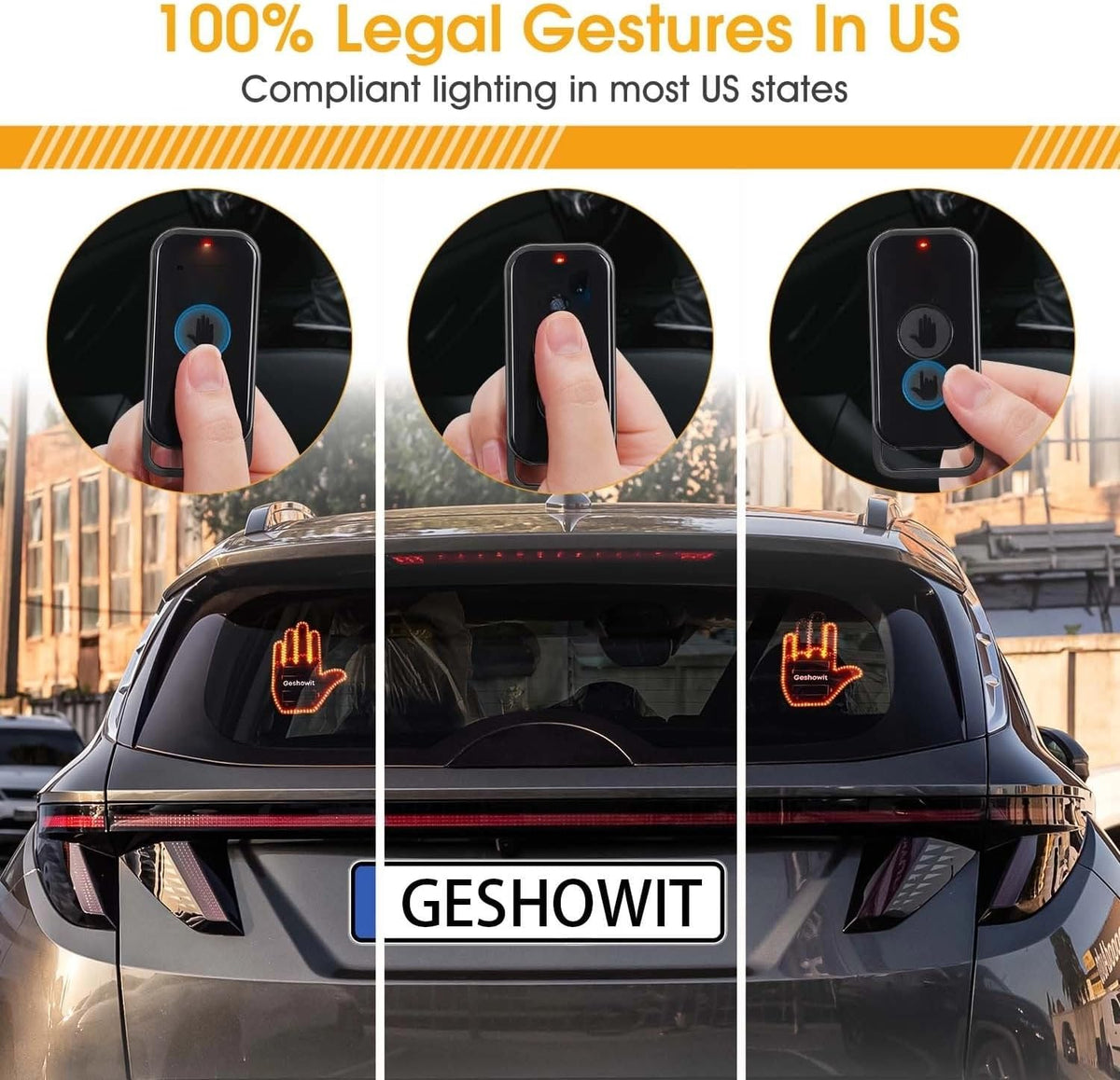 Driver switching gestures from the remote; open palm and rock-on lit in the rear window
