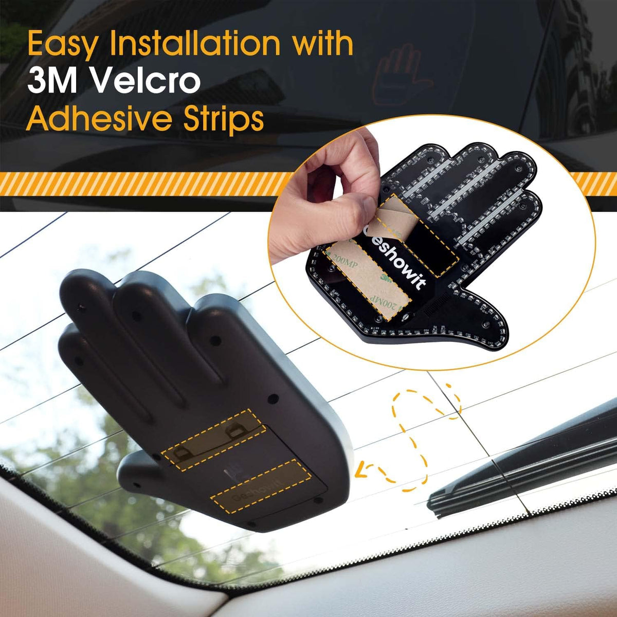 Mounts to the inside of the rear glass with 3M Velcro strips