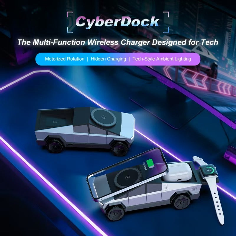 Apex CyberDock™ — 3-in-1 Qi2 15W Wireless Charging Station | Cybertruck-Inspired Desk Charger for iPhone, Apple Watch & AirPods — view 15
