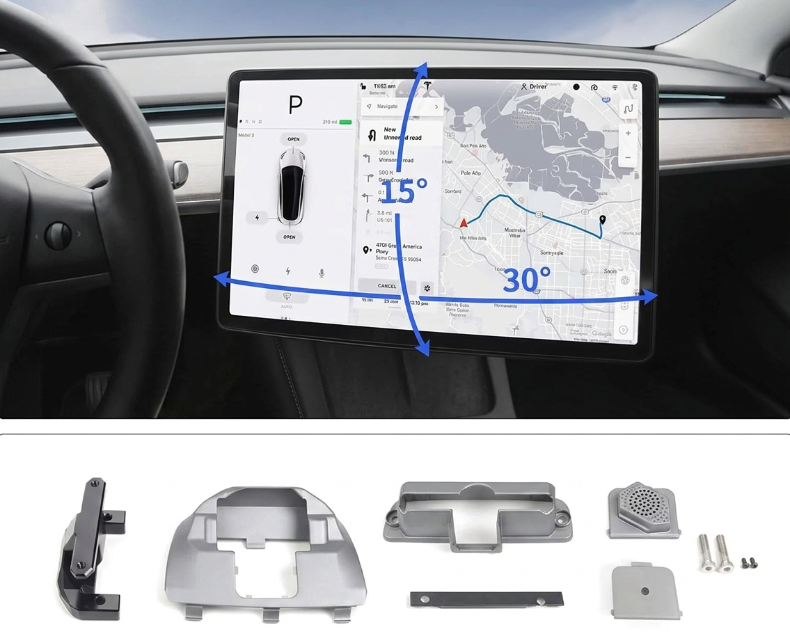 Car dashboard screen mounting kit shown installed above, with blue arrows indicating 15° tilt and 30° horizon angle, plus a bottom panel showing the included mounting hardware pieces.
