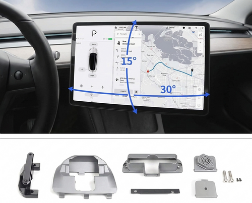 Car dashboard screen mounting kit shown installed above, with blue arrows indicating 15° tilt and 30° horizon angle, plus a bottom panel showing the included mounting hardware pieces.