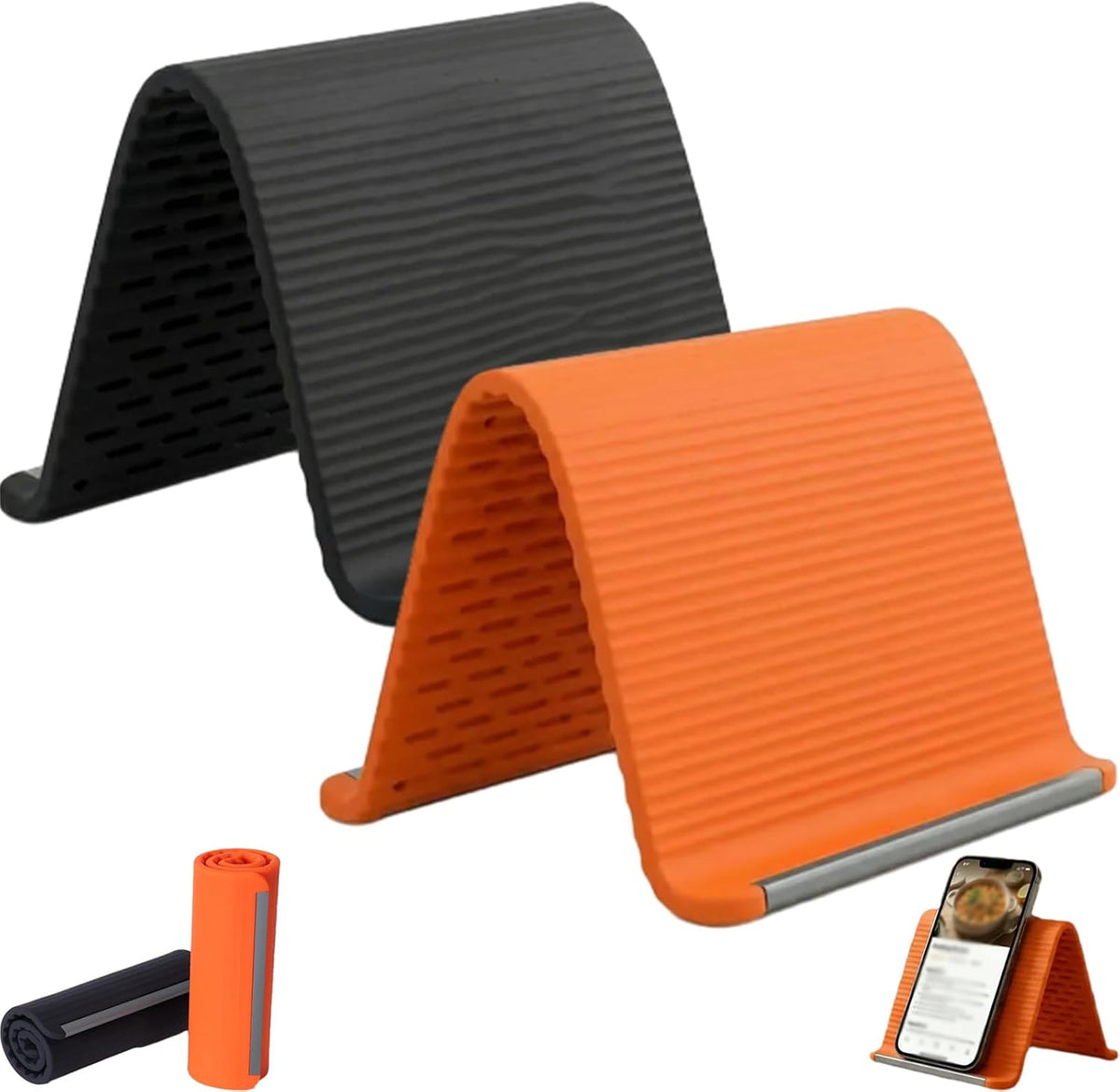Apex FlexStand in Black and Orange, rolled flat and as a phone stand
