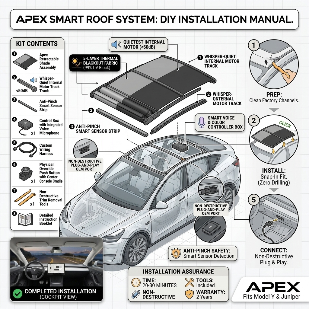 Smart Voice-Controlled Retractable Electric Sunshade | Tesla Model Y & Model Y Juniper