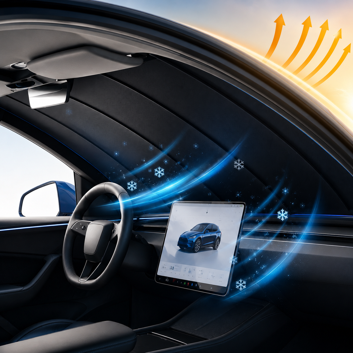 Apex AutoShade Pro electric windshield sunshade fitted in a Tesla Model 3 cabin