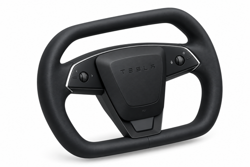 Apex CyberWheel Cybertruck-style steering wheel — Black, angled view