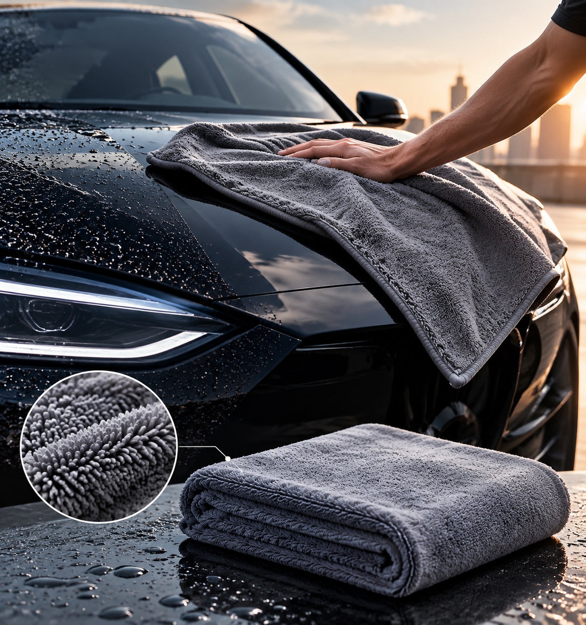 AquaDry towel drying a wet black car at golden hour