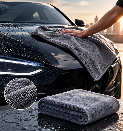 AquaDry towel drying a wet black car at golden hour