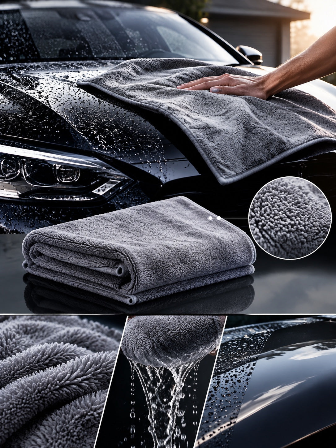 Drying a wet car with the AquaDry microfiber towel