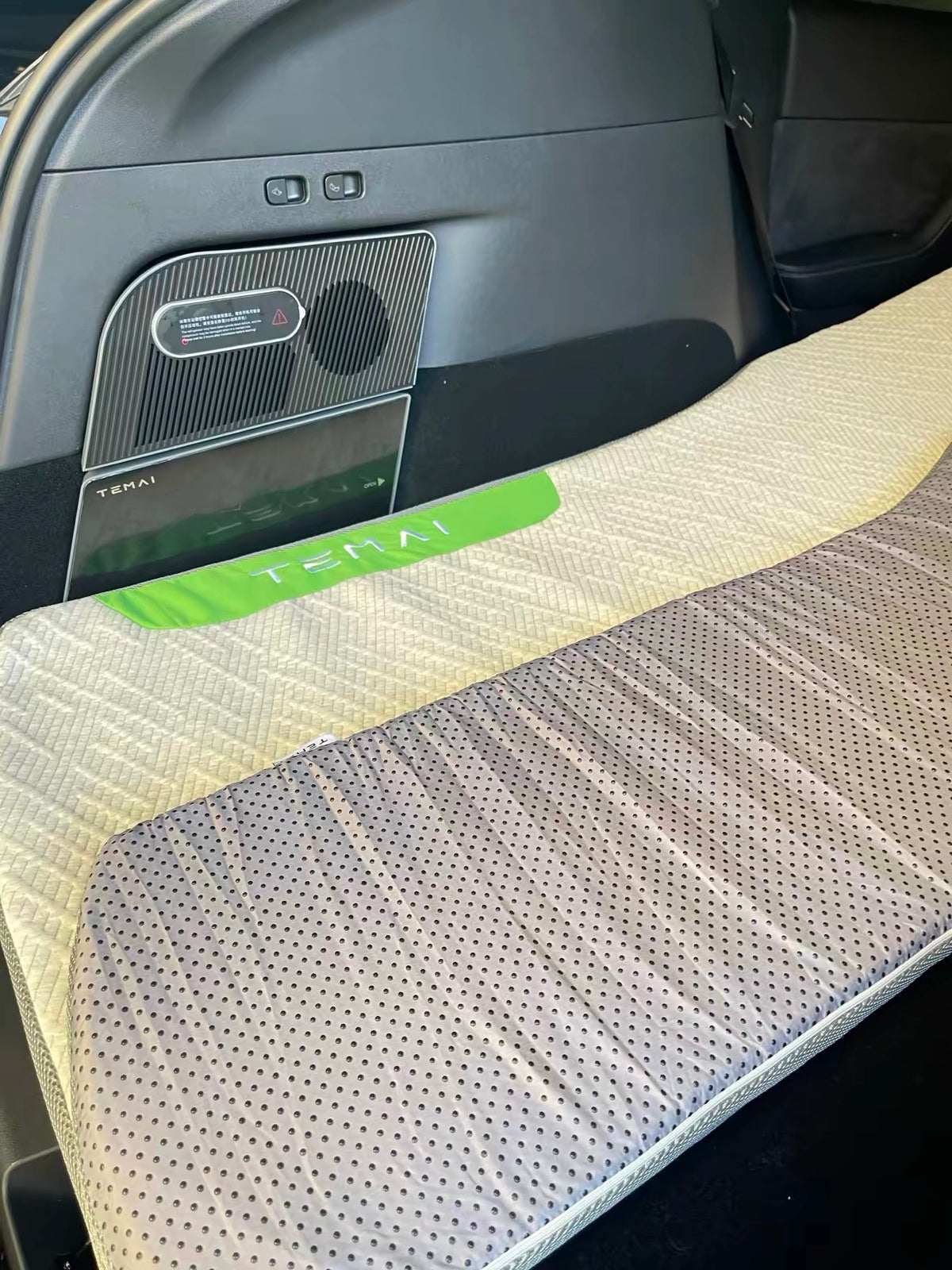 Camping setup: mattress in, fridge still reachable