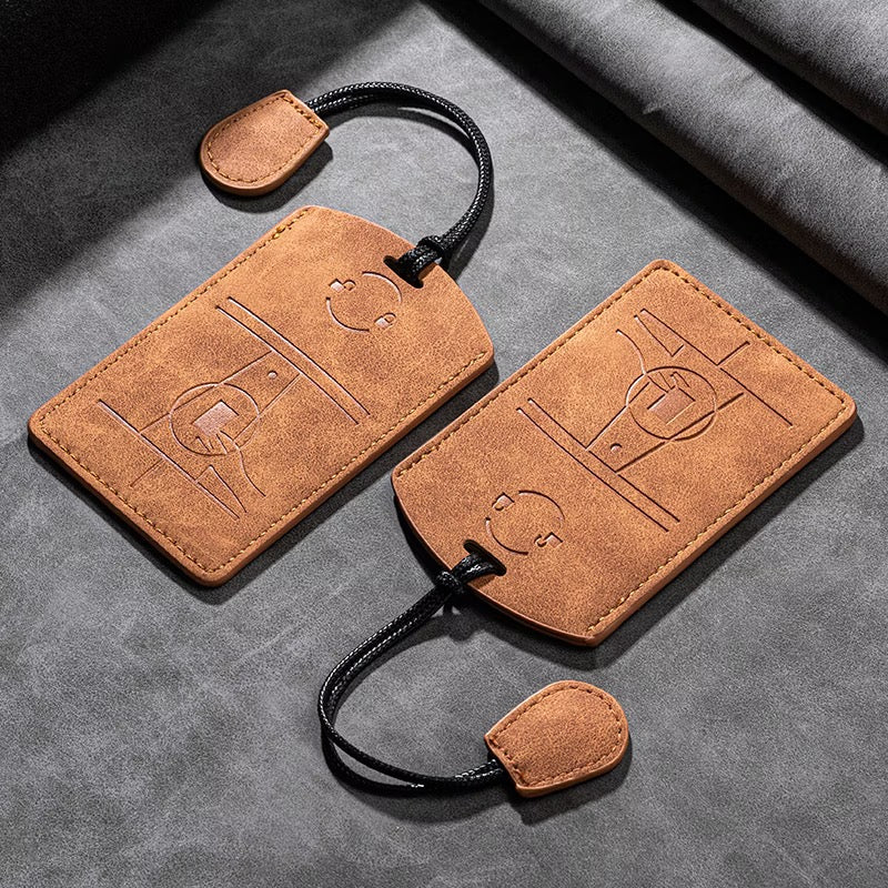 Apex leather Tesla key card sleeve in Cognac Brown with cord tassel