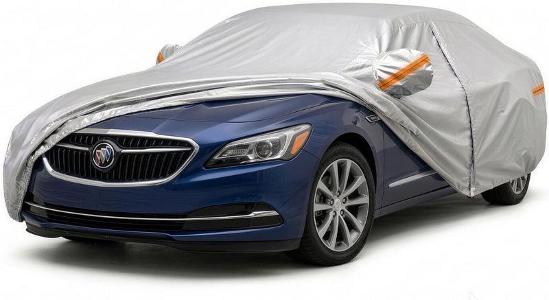 Apex AutoCover automatic car cover half deployed over a blue sedan