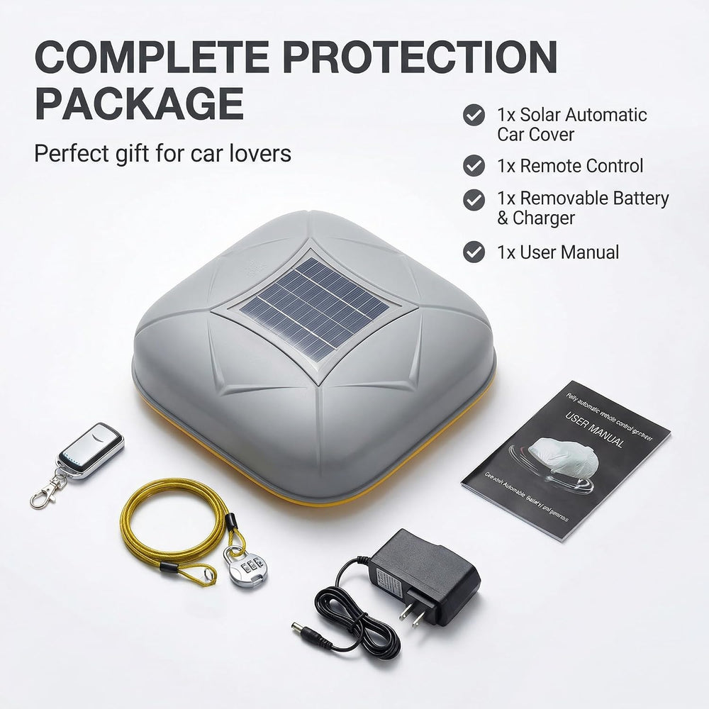 Apex AutoCover box contents: unit, remote, battery and charger, manual