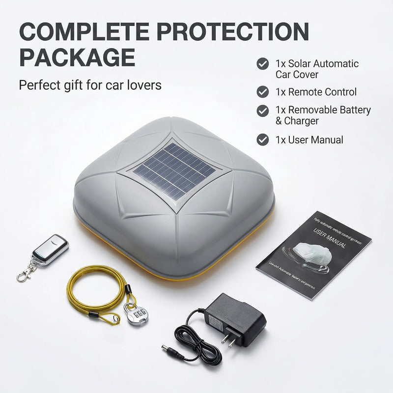 Apex AutoCover box contents: unit, remote, battery and charger, manual