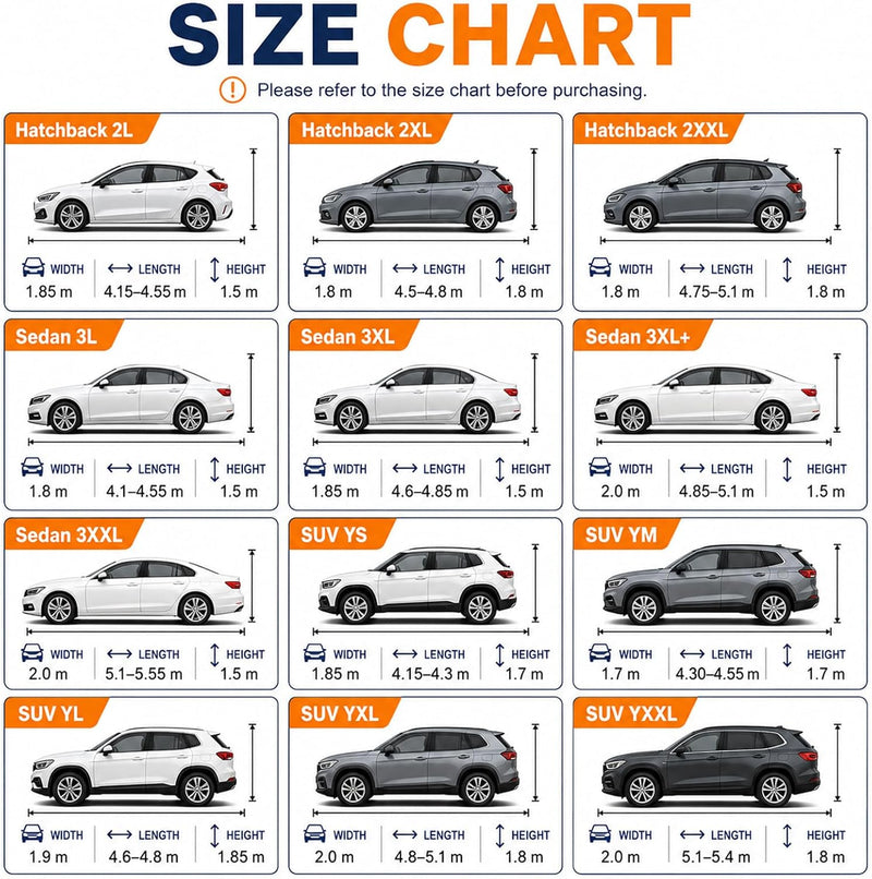 Apex AutoCover size chart by vehicle length for hatchback, sedan and SUV