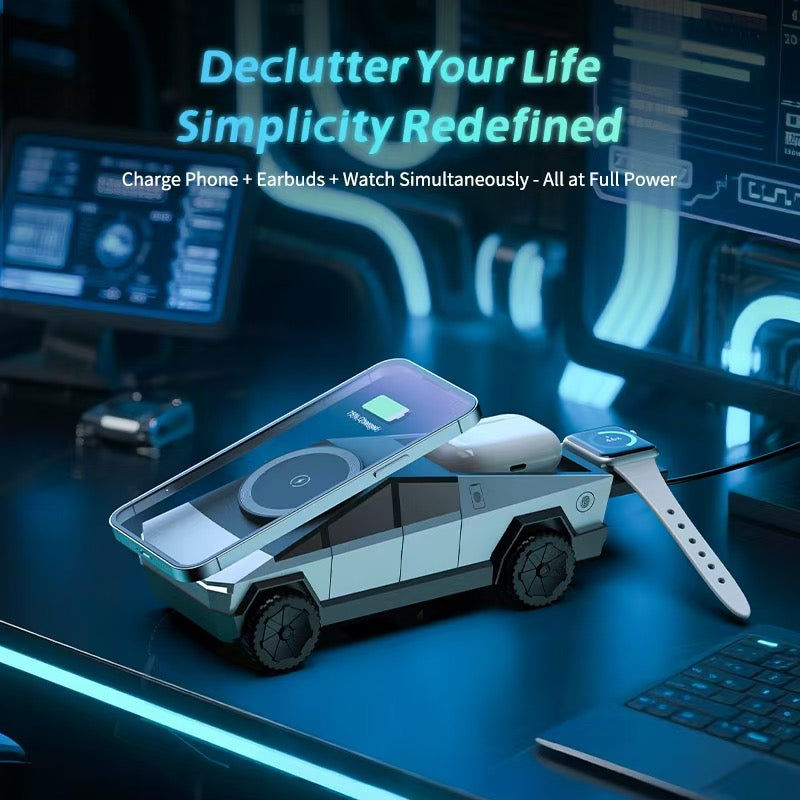 Apex CyberDock™ — 3-in-1 Qi2 15W Wireless Charging Station | Cybertruck-Inspired Desk Charger for iPhone, Apple Watch & AirPods — view 19
