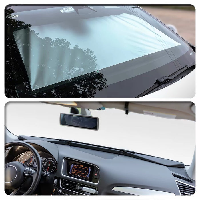 Shade clipped up, seen from outside, and the closed bar on the dash from inside