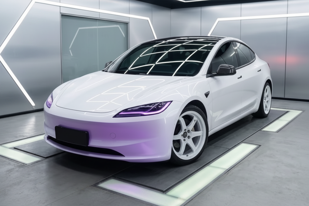 Purple headlight Tesla